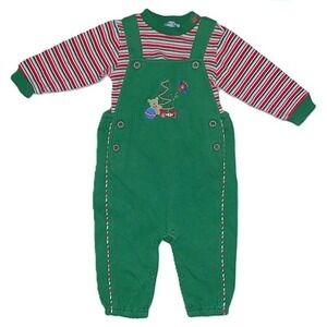 Vtg 9m Boys Le Top Christmas Soft Knit Overalls & Shirt Set Pocket Bear Ornament